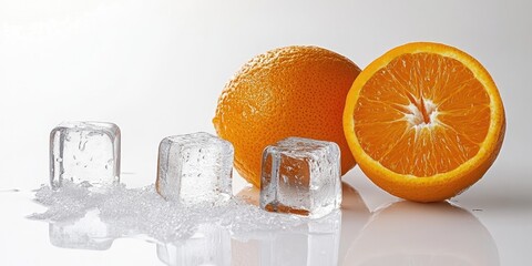 Poster - Ice cubes, a beverage, and an orange on a white background.