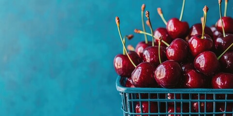 Poster - Sweet cherries in a grocery basket on a blue background. Red berries. Conceptual image. Copy space. Selective focus.