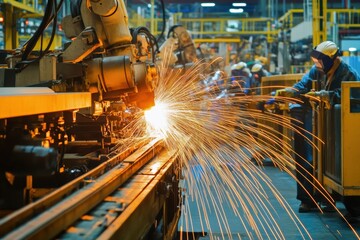 Aufkleber - Welders are busy at work in a vast industrial workshop, creating sparks as they join metal components during the busy day shift. Generative AI