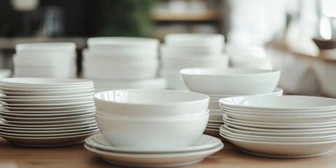 Aufkleber - Empty bowls and plates on the table, dishware and table items.