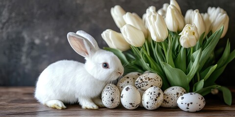 Aufkleber - Easter arrangement featuring white tulips, quail eggs, and a white Easter bunny on a wooden table, along with space for text.
