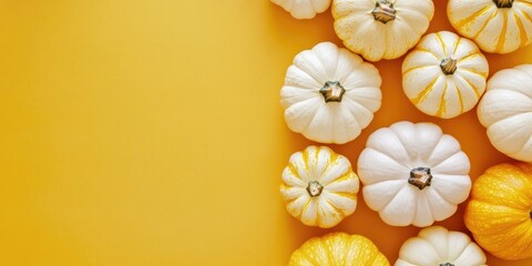 Poster - White and yellow pumpkins are arranged on a brown or yellow background, reflecting a Thanksgiving and Halloween theme, top view, copy space.