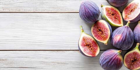 Poster - Fresh figs on a white wooden surface, top view. Viewed from above, overhead. Copy space.