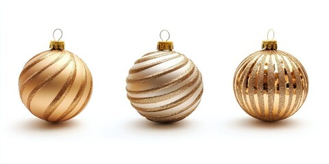 Poster - Three gold-streaked Christmas ornaments featuring twisted stripes and a glittery texture on a white background, complete with shadows and copyspace for your holiday greetings.