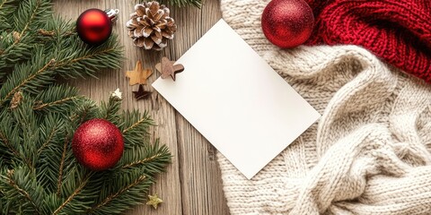 Poster - Blank card and Christmas decorations on a knitted sweater