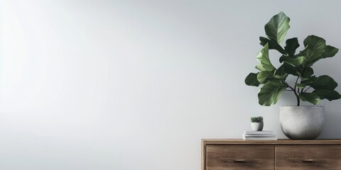 Aufkleber - Potted ficus on a chest of drawers by a white wall, with space for text. A lovely houseplant.