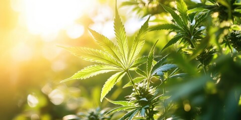 Poster - Cannabis leaf among the bushes in sunlight, white background.
