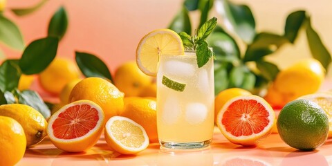 Aufkleber - Glass of homemade lemonade with citrus fruits on the table.