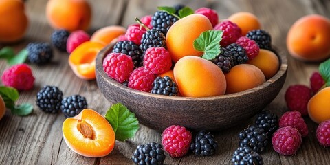 Poster - Ripe seasonal berries spread around a bowl with fresh apricots on a wooden table.