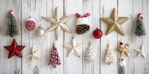Poster - Christmas decorations are displayed on a white wooden background.