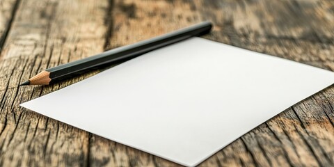 Fototapete - Blank paper with a black pencil on a wooden surface. Soft focus.