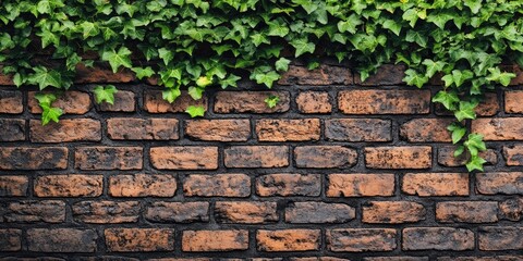 Poster - Green ivy leaves on a dark brown brick wall. Natural rustic backdrop. Copyspace.
