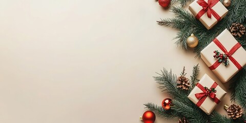 Leinwandbilder - Christmas arrangement featuring decorations, fir tree branches with ornaments, and gift boxes. Greeting card. Flat lay, top view, copyspace.