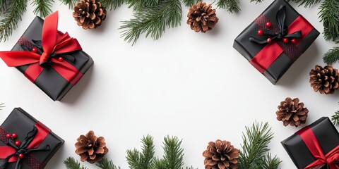 Poster - Christmas decorative backdrop featuring fir branches, pine cones, red and black gifts adorned with ribbons on a white background. Holiday concept card. Copy space, top view.