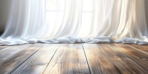 Aufkleber - Empty wooden floor with elegant wavy white satin cloth curtains, out of focus in the background, serving as a product placement backdrop.