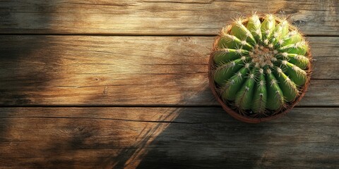 Aufkleber - Cactus on a brown wooden surface in summer.