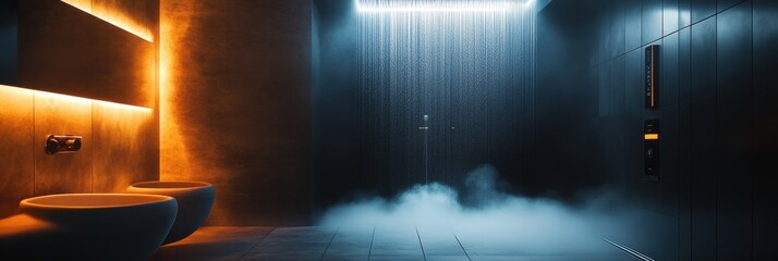 Aufkleber - The stylish bathroom features a cutting-edge shower system and sleek touch panels, creating a luxurious and comfortable environment. Generative AI
