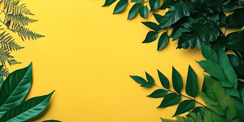 Aufkleber - Create a card using green and yellow leaves for an abstract background. Nature concept, flat lay, copyspace, sketchbook.