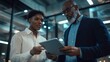 © florynstudio3 - A businessman and businesswoman look at a tablet together in an office, discussing work.