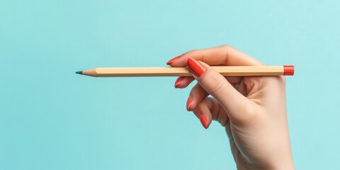 Aufkleber - Woman's hand grasping a wooden colored pencil against a plain background.