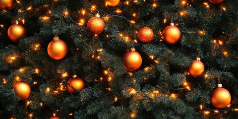 Aufkleber - A solitary image of pine Christmas tree branches adorned with orange ornaments and lights.