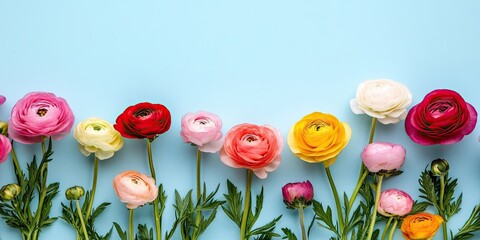 Poster - Colorful ranunculus flowers against a light blue backdrop. Ideas for Mother's Day, Valentine's Day, and birthdays. Top view, copy space for text.