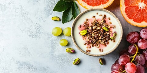 Aufkleber - Seasonal nutritious breakfast: yogurt, chocolate granola, pink grapefruit, grapes, pistachios Top view Copy space