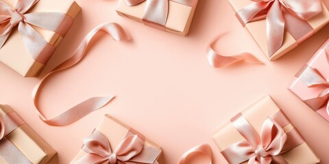 Aufkleber - Gift boxes tied with bows surrounded by satin ribbons on a light background. Template for holiday messages. Flat lay, copyspace, top view, mockup.