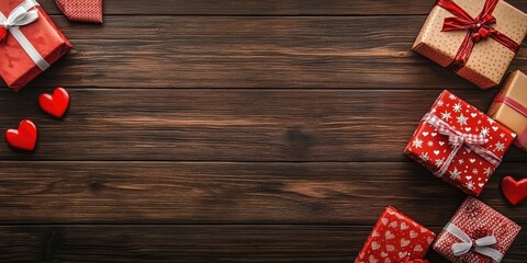 Poster - Valentine's Day gift boxes background, a frame for holiday greeting cards, old wooden table flat lay, top view, copy space banner.