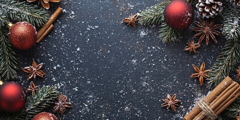 Poster - New year, Christmas background. ornaments, cinnamon, bump, ash, snow