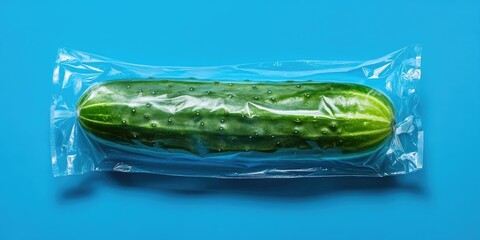 Canvas Print - Cucumber enclosed in plastic on a blue backdrop.