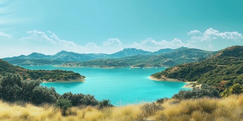 Poster - Stunning landscape featuring a turquoise lagoon and hills adorned with vegetation under a clear blue sky.