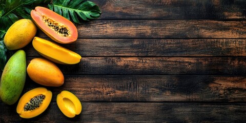Poster - Mango and Papaya. Tropical Fruits. Set against a wooden background. Top view. Copy space.