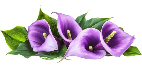 Aufkleber - Beautiful violet Calla flowers with green leaves isolated on a white background.