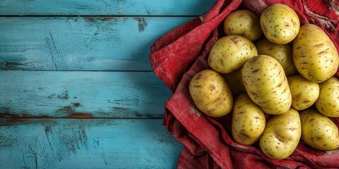 Aufkleber - Fresh potatoes on a red worn cloth against a blue wooden background, top view.