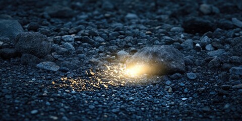 Poster - Light with a bright projection on a surface of small dark stones.