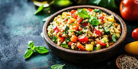 Aufkleber - Vegetarian salad with bulgur grain and vegetables on the restaurant table. Table salad. Copy space.