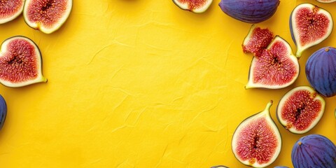Poster - Fresh whole and sliced figs on a yellow paper surface with copyspace. Food backdrop. Top view. Flat lay.