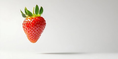 Poster - Red strawberry in flight on a white background. Copy space.