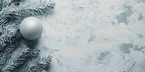 Aufkleber - Christmas gray minimal background featuring a mock-up greeting card and a ball. Flat lay, copy space.