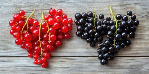 Poster - Black currants and red currants arranged in a heart shape on a wooden table.