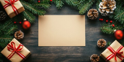 Aufkleber - Christmas background or greeting card. Present box, paper sheet, fir tree branch, and decorations on a dark wooden table. Copyspace for your well wishes.