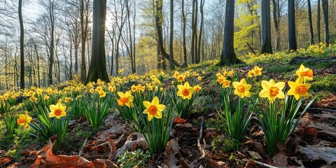 Poster - Vibrant and colorful daffodil flowers set against a backdrop of the forest and spring scenery.