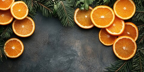 Aufkleber - Christmas greeting card, fresh orange slices and Christmas tree branches, area for text.