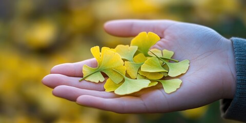 Poster - Ginkgo leaves rest on the hand.