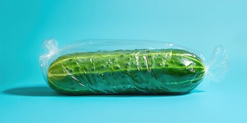 Poster - Cucumber enclosed in plastic on a blue backdrop.
