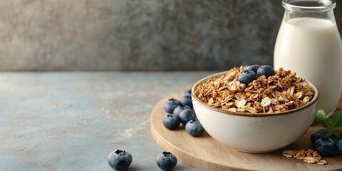 Aufkleber - A bowl of oat granola sits on a wooden board beside a glass bottle of milk and blueberries. This represents a healthy breakfast and proper nutrition. Space for text.