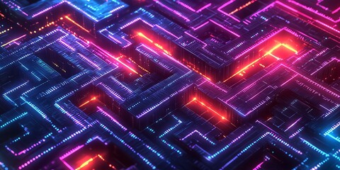 Aufkleber - Abstract neon maze with glowing lines and vibrant colors.