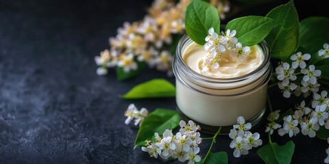 Sticker - Lilac jar containing soft white cream with white flowers inside. Spirea branches with flowers and green leaves surround it. Dark background. Copy space.