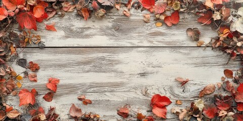 Leinwandbilder - Autumn leaves on a wooden wall with a Shabby Chic design. An empty area for your decoration, text, or advertisement. Copy space.